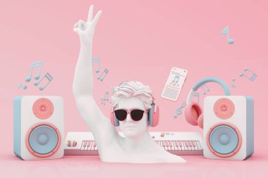 Pembe arka planda notaları olan kulaklıklar ve akıllı telefonlar. Etrafı müzik aletleriyle çevrili hoparlörler. Eğlenceli şarkı konsepti ya da insan heykeli ile müzik festivali. 3d oluşturma