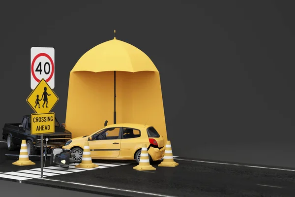 車の保護と安全性の保証の概念は 自動車保険のWebバナーデザイン 黄色の傘の下に小さな黄色の自動車のハッチバック白い背景に隔離された 漫画風 3Dレンダリング — ストック写真