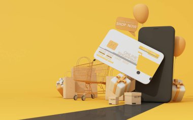 3D satış tanıtım afişi çevrimiçi. Podyumda alışveriş çantası, el arabası ve kredi kartıyla dolu bir alışveriş arabası. Büyük indirim kavramı, Kara Cuma ve yıldönümü için uygun..