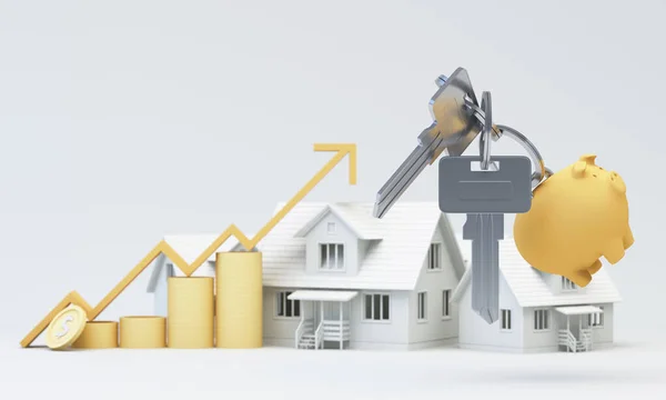 金融和储蓄概念贷款用于购买房屋和房地产 小猪银行小猪银行锁匙环绕着房子模型和货币 3D渲染说明卡通风格 — 图库照片