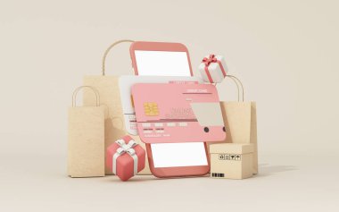 Çevrimiçi alışveriş kavramında kredi kartı veya nakit kartı ve kart harcamalarının gelecekteki dünyası. Nakit para olmadan ve evden alışveriş yapmadan üç boyutlu karikatür çizimleri yaparak.