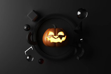 Cadılar bayramı tanıtım afişleriniz kutlu olsun. Cadılar bayramı balkabakları karanlıkta parlıyor. Ürünün Geometrik şeklini koyu siyah bir arkaplana yerleştirmeye hazır. 3d oluşturma 