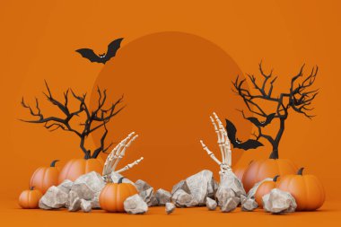 Mutlu Cadılar Bayramı bayrağı ya da parti davetiyesi. Turuncu temalı ürün arka planda yarasa grubu ve balkabağı Jack O Lantern ve kafataslı el iskeleti ile podyum sergiliyor. 3d resimleme