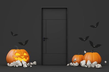 Mutlu Cadılar Bayramı bayrağı ya da parti davetiyesi. Turuncu temalı ürün arka planda yarasa grubu ve balkabağı Jack O Lantern ve kafataslı el iskeleti ile podyum sergiliyor. 3d resimleme