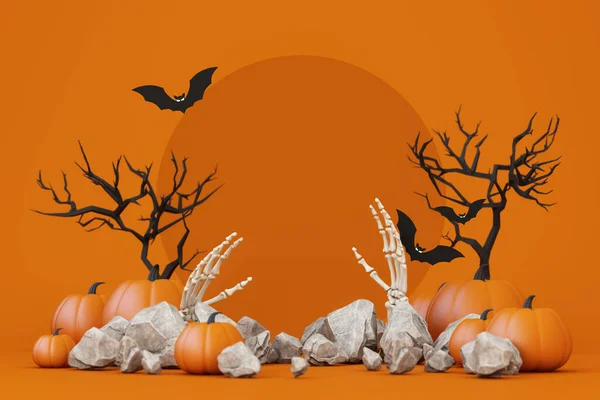 Happy Halloween banner or party invitation. orange theme product display podium on background with group of bat and Jack O Lantern pumpkin and hand skeleton with skull. 3d rendering illustration