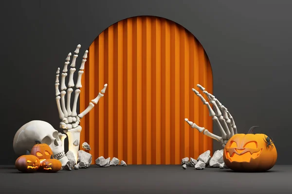 ハッピーハロウィンのバナーやパーティーの招待状 バットとジャックオランタンカボチャのグループと頭蓋骨を持つ手の骨格を持つ背景にオレンジのテーマ製品ディスプレイ表彰台 3Dレンダリングイラスト — ストック写真