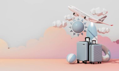 seyahat konsepti ve uzun hafta sonları veya hafta sonları, bagaj ve seyahat ekipmanlarından oluşan yaz aylarında reklam ve satış ürünleri için uçak ve yer bulunmaktadır. Pastel arkaplan 3d oluşturma üzerinde