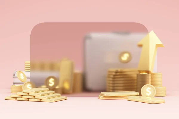 Big percent symbol and gold bar and digital money in the concept of financial stability and growth and an empty space for entering text on a pink pastel background realistic. 3d render