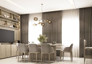 İç tasarım modern lüks stil mermer ve ahşap malzemelerle pahalı bir şekilde dekore edilmiş. Dekorlar ve dekorasyonlarla dekore edilmiş gösteri evinin önündeki yemek salonunda. 3d oluşturma