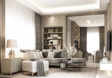 İç tasarım modern lüks stil mermer ve ahşap malzemelerle pahalı bir şekilde dekore edilmiş. Sahne evinin önündeki oturma odası dekorasyon malzemeleri ve ev dekorasyonlarıyla süslenmiş. 3d oluşturma