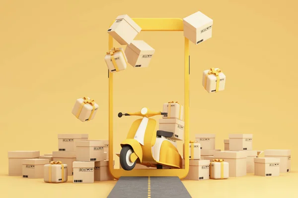 online shopping concept and express delivery by van and scooter Surrounded by cardboard boxes and product packages for transportation via mobile app. on yellow background, cartoon style. 3d rendering