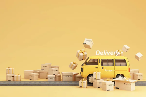 网上购物的概念和速递的面包车和滑板车周围的纸板箱和产品包运输 在黄色的背景上 卡通风格 3D渲染 — 图库照片