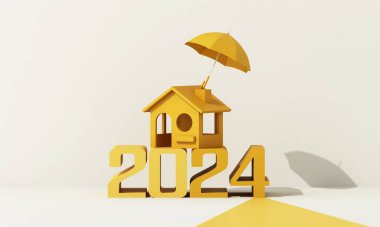 Ev korunması ve güvenlik sigortası konsepti, sarı şemsiye altında ahşap ev modeli sigortası, beyaz arka planda izole edilmiş, mutlu yıllar 2024. 3d illüstrasyon oluşturma