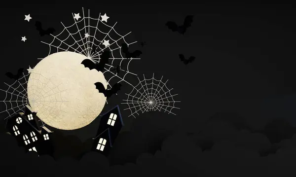 Fondo Oscuro Halloween Con Casa Espeluznante Árbol Lindo Fantasma Calabaza —  Fotos de Stock