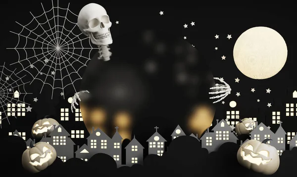 Fondo Oscuro Halloween Con Casa Espeluznante Árbol Lindo Fantasma Calabaza — Foto de Stock
