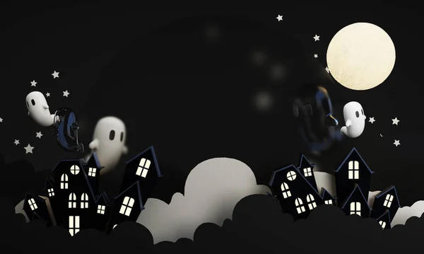 Σκούρο Αποκριάτικο Φόντο Τρομακτικό Σπίτι Δέντρο Χαριτωμένο Φάντασμα Κολοκύθα Νυχτερίδα Εικόνα Αρχείου