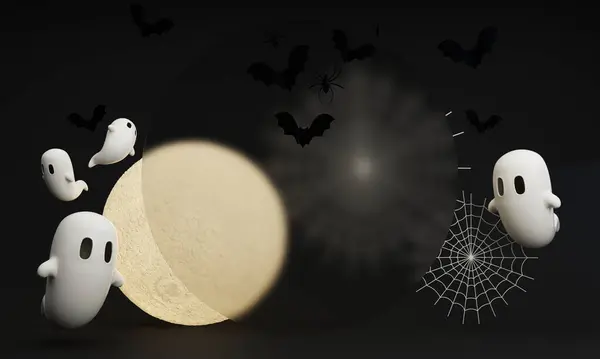 Donkere Halloween Achtergrond Met Griezelig Huis Boom Schattig Spook Pompoen Rechtenvrije Stockafbeeldingen