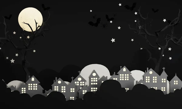 Donkere Halloween Achtergrond Met Griezelig Huis Boom Schattig Spook Pompoen Rechtenvrije Stockfoto's