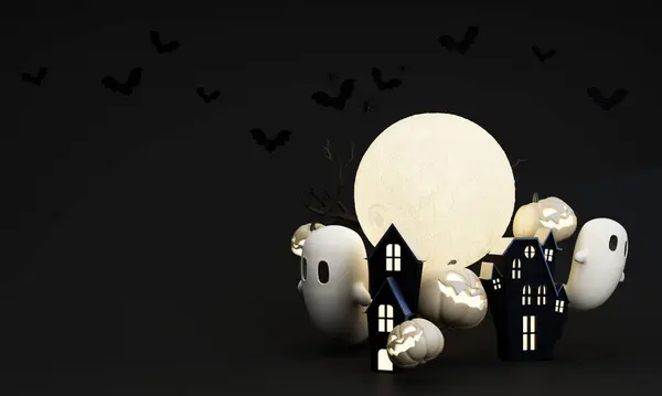 Sfondo Scuro Halloween Con Casa Spettrale Albero Fantasma Carino Zucca Fotografia Stock