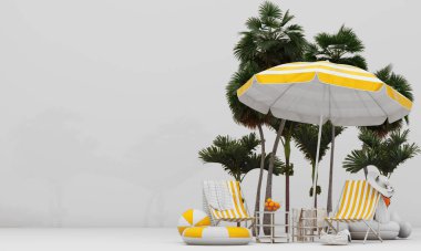 3 boyutlu görüntüleme. Tropikal bir adanın çizimi. Güzel bir sahilde şemsiyenin altında iki iskemle. Seyahat ve tatil konsepti. Yaz yazı tipi ve reklam alanı ile