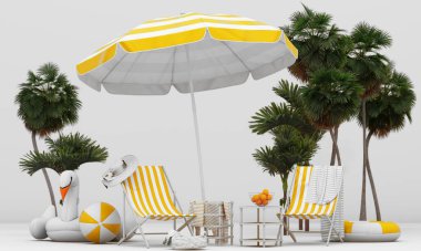 3 boyutlu görüntüleme. Tropikal bir adanın çizimi. Güzel bir sahilde şemsiyenin altında iki iskemle. Seyahat ve tatil konsepti. Yaz yazı tipi ve reklam alanı ile