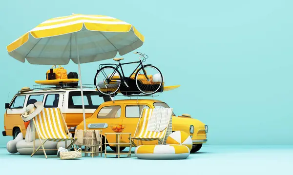 Маленький Ретро Автомобиль Багажом Багажом Пляжным Оборудованием Крыше Готовый Летним Стоковая Картинка