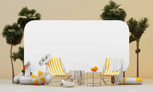 Darstellung Illustration Einer Tropischen Insel Zwei Liegestühle Unter Sonnenschirm Einem lizenzfreie Stockfotos