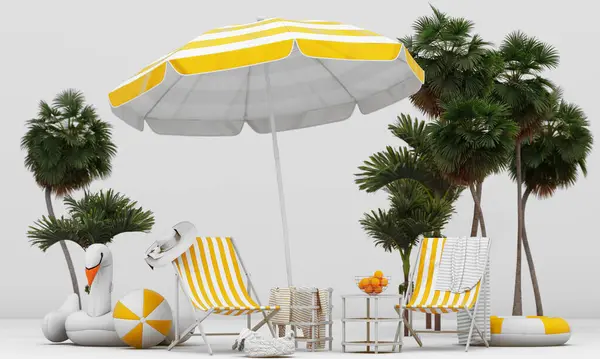 Weergave Illustratie Van Een Tropisch Eiland Twee Ligstoelen Onder Parasol Rechtenvrije Stockafbeeldingen