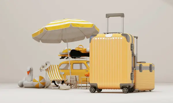Reise Und Urlaubstourismus Konzept Familienreisen Mit Einem Großen Koffer Mit lizenzfreie Stockfotos