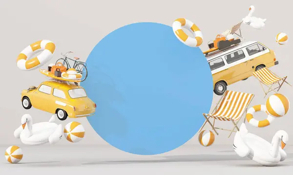 Концепция Летнего Путешествия Винтажный Автомобиль Оборудованием Пикника Пляже Пляжный Мяч Лицензионные Стоковые Изображения