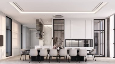 Modern lüks klasik tarzda dekore edilmiş bir odada, yemek masası ve pahalı sandalyelerden oluşan lüks bir iç dekorasyonda yemek odası ve arkada büyük bir mutfak. 3d hazırlayıcı