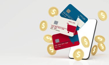 Cep telefonunda kredi kartı olan fatura. Faturaları cep telefonuyla öde. İnternetten alışveriş harcamaları. Akıllı telefondan online alışveriş. Fatura makbuzu. 3D mobil ödeme, alışveriş, bankacılık.