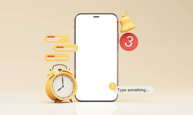 Beyaz ekranda telefon hatırlatma mesajı. Akıllı telefondan yeni uyarı geldi. Alarm zilini alarma geçirin. Önemli olay mesajı it. Takvim anımsatıcı konuşma balonu. - 3D görüntüleme