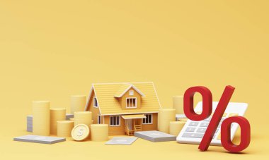 3d Ev ve Yüzde Sembolü. Faiz oranı finansal ve ipotek oranları kavramı. Emlak işi ipotek yatırımı ve finansal kredi. Yeni evim. 3B resimleme
