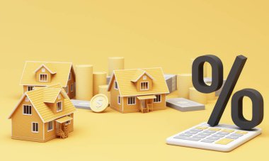 3d Ev ve Yüzde Sembolü. Faiz oranı finansal ve ipotek oranları kavramı. Emlak işi ipotek yatırımı ve finansal kredi. Yeni evim. 3B resimleme