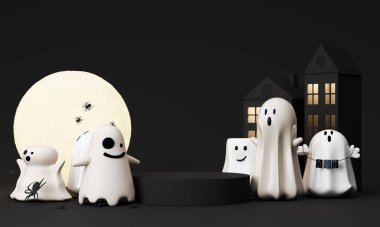 3D yorumlama Mutlu Cadılar Bayramı arkaplanı ve podyumu. Mutlu Cadılar Bayramı konsepti. Geleneksel Ekim tatili. Cadılar Bayramı gecesi dolunay varken mezarlardan kafatasları çıkar. kopyalama alanı. 3d hazırlayıcı