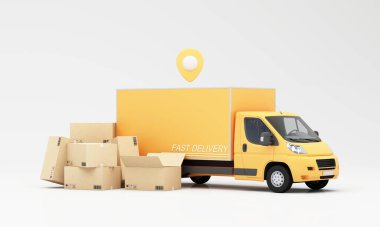 Teslimat arabası. Paketli sarı bir araba. Nakliye, teslimat, kargo ve karton. Ulaşım hızlı teslimat. Güvenli ve zamanında alıcılara hızlı paket teslimatı. 3 Boyutlu resimleme