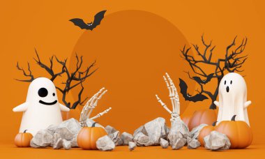 Mutlu Cadılar Bayramı geçmişi. Çizgi film tarzında gerçekçi 3D tasarım, satış için yuvarlak stüdyo, neon ışıklar. Korkunç uçan hayaletler. Web posteri, şık broşür, tatil afişi. 3d resimleme