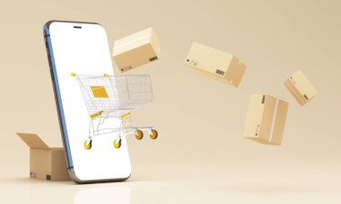 Paket kutuları, alışveriş arabaları ve akıllı telefonlar yerin üstünde yüzüyordu ve çevrimiçi konsept tasarımı için pastel renk arkaplanı üzerinde tüm nesneler, reklam tasarımı için 3D yorumlama