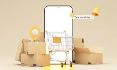 Paket kutuları, alışveriş arabaları ve akıllı telefonlar yerin üstünde yüzüyordu ve çevrimiçi konsept tasarımı için pastel renk arkaplanı üzerinde tüm nesneler, reklam tasarımı için 3D yorumlama