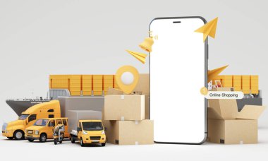 Verimli dağıtım hizmetleri sunumu için akıllı telefon teknolojisiyle entegre edilmiş kargo kamyonları, scooter ve paketlerin yer aldığı modern bir lojistik ve çevrimiçi alışveriş kavramı.