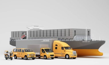 A comprehensive logistics and transportation concept featuring cargo ships trucks vans and scooters illustrating efficient delivery services for modern supply chain solutions 3d rendering clipart