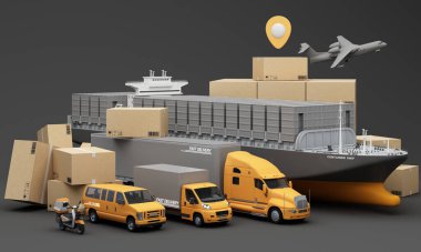 An advanced logistics and delivery network featuring cargo ships trucks vans scooters and an airplane showcasing efficient and fast transportation for global supply chain solutions 3d rendering clipart