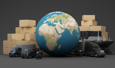 Küresel bir lojistik ve teslimat konsepti, kargo kamyonları, mobiletleri ve dünyayı çevreleyen ve verimli uluslararası ulaşım çözümlerini temsil eden paketleri kapsıyor.