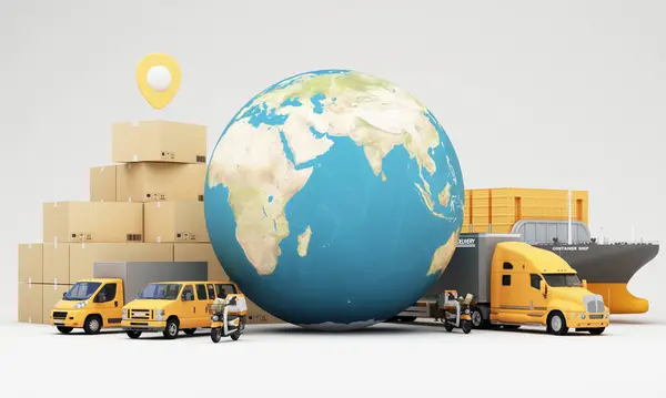 stock image A global logistics and delivery concept with cargo ships trucks vans scooters and packages surrounding a globe symbolizing worldwide transportation and supply chain solutions 3d rendering