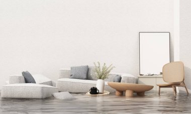 Sel sonrası suya gömülü modern mobilyaları olan minimalist oturma odası yumuşak tonlarını ve sakin atmosferini sergiliyor. 3d oluşturma
