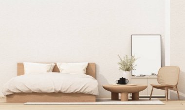 Minimalist bir yatak odası. Hafif ahşap bir yatak çerçevesi, yumuşak bir yatak örtüsü ve nötr bir tonu var. Konforlu düzende küçük bir ahşap sehpa, rattan sandalye ve barışçıl bir ortam için basit bir dekor var. 3d oluşturma