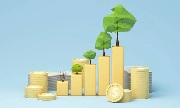 Yükselen madeni para yığınlarından büyüyen ağaçlar zaman içinde finansal büyüme ve başarıyı sembolize ediyor. Yatırım ve iş refah kavramları için idealdir. 3d oluşturma.
