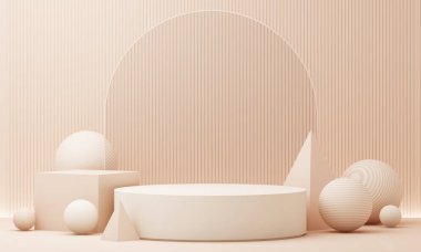 Modern minimalist ürün standında küreler, küpler ve koniler dahil olmak üzere geometrik şekiller yumuşak çizgili arka plana karşı, zarif ürün gösterimleri için idealdir. 3d oluşturma