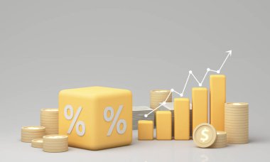 Sarı yüzdelik blok, madeni paralar ve çizgi grafiği ile yükselen bar tablosu yatırımlardaki büyümeyi, kar artışını ve ekonomik istikrarı temiz, modern 3D tarzında sembolize ediyor. 3d oluşturma